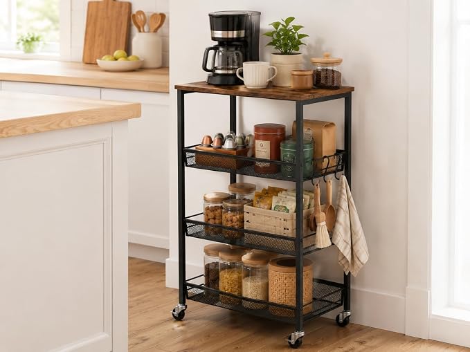 Homleke 4-Tier Rolling Kitchen Storage Cart, Utility Cart with Wooden Tabletop & Metal Baskets, Fruit Vegetable Basket for Kitchen, 3-S Hooks, Rustic Brown and Black