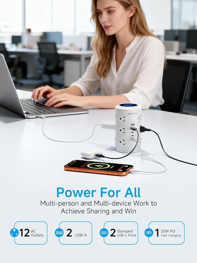 Tower Power Strip with 1 Dedicated PD 20W Fast-Charging Port, 12 Outlets, 5 USB Ports (3 USB-C), Desk Charging Station for Multiple Devices,10FT Extension Cord, Home Office Essentials
