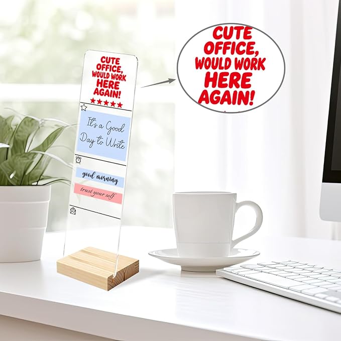 Sticky Note Holder, Monitor Memo Board, Sticky Note Board for Desk, Acrylic Desk Buddy with Wooden Base, Includes 200 Notes, Funny Office “Cute Office Would Work Here Again 5 Star Review”