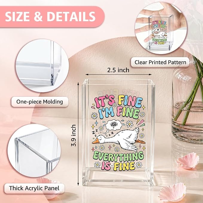 Funny It's Fine I'm Fine Everything Is Acrylic Pencil Holder Cup | Goose Pen Holder Gifts for Women Men Coworker HR Teacher Boss Friend, Goose Lover Present, Home Office Desk Decor Organizer