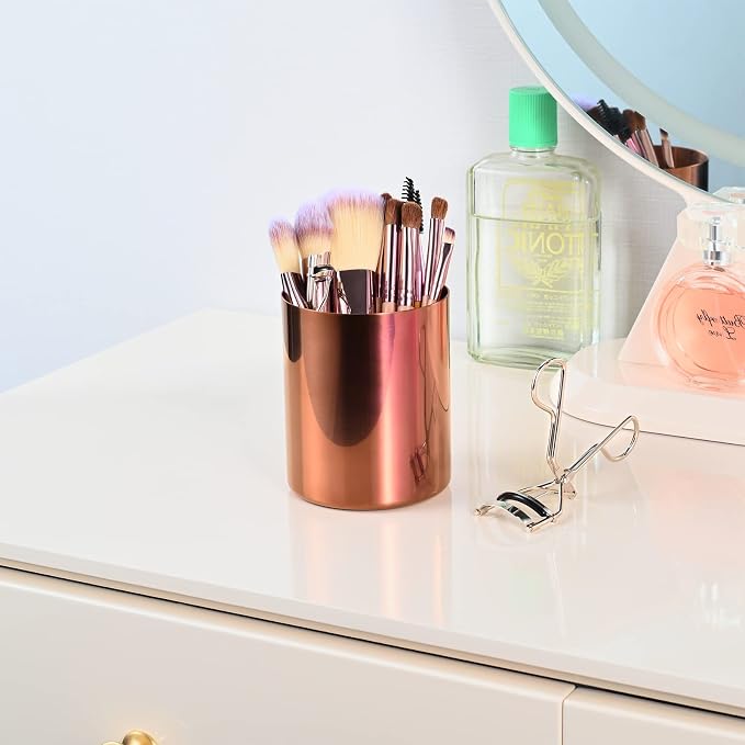 Rose Gold 304 Stainless Steel Pen Holder & Pencil Cup, Metal Desk Caddy & Desktop Stationery Organizer, Mirror Finish & Vacuum Plating(2-Piece Set)