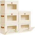 DIMJ Storage Bins with Lids - 5 Pack Front Opening Stackable Fabric Storage Boxes with Clear Window & Handles, Collapsible Closet Organizers for Clothes, Sweaters, Shelf Storage, Bedroom, Beige