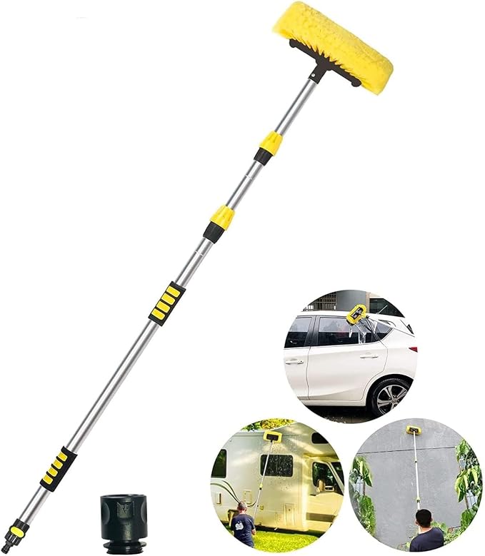 Buyplus 5-12 Foot (20 ft Reach) Car Wash Brush with 12-Inch Soft Bristle, On/Off Switch Telescopic Car Truck Boat Washing Brush with Hose Attachment for Cleaning RVs, House Siding, Floors and More!