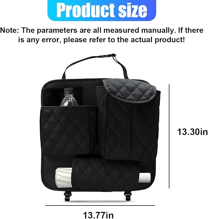 YoRise Leather Car Seat Back Organizer, Multifunctional Hanging Automotive Storage Bag with 2 Hooks, Car Seat Travel Bag for Tissue, Phone, Handbag, Bottle, Umbrella, Snack (Black)