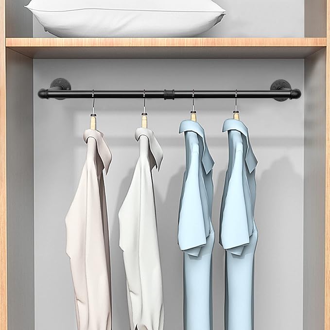 Industrial Iron Pipe Clothes Hanging Bar DIY Wall-Mounted Garment Rack Heavy Duty Clothing Rack for Bedroom, Laundry Room, Closet Storage (Black 28 inch)