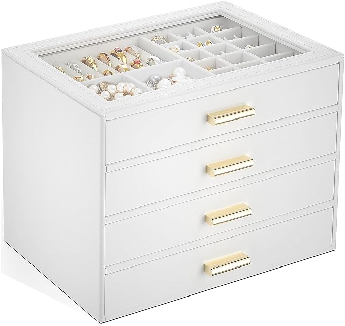 AKOZLIN Jewelry Box with Clear Lid Functional Leather Jewelry Storage Organizer Case 4 Drawers for Women Girls Necklace Ring Bracelet Earring