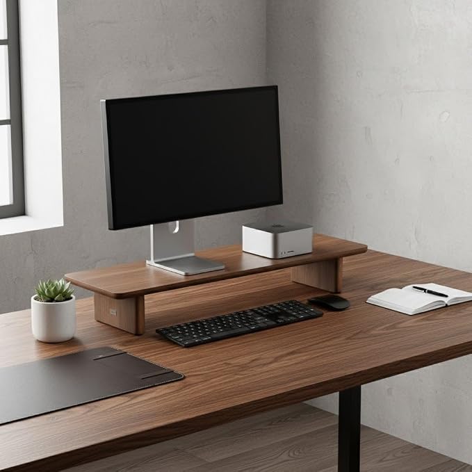 Walnut Single Monitor Stand Riser - 31.5" Wooden Monitor Stand for iMac, Laptop & Monitor, Minimalist Desk Shelf Organizer, Natural Wood Grain