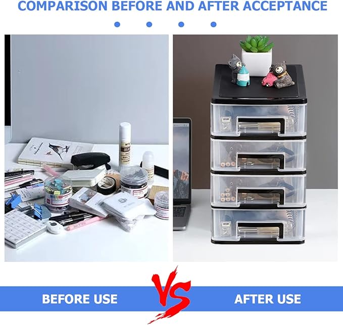 4 Tier Plastic Drawer Organizer Storage Box for Desk, Cosmetics, Jewelry, Office Supplies, Home Organization (8.46" x 5.9" x 9.84")