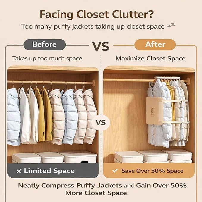 2 Pack Hanging Closet Space Saver Clothes Compression Organizer, Wardrobe Storage for Coats Jackets and Down Clothing, Adjustable Buckle, Large Capacity Hanging Clothes Organizer (Blue)