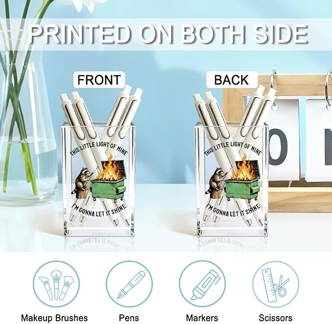 This Little Light Of Mine I'm Gonna Let It Shine Acrylic Cosmetic Pencil Holder Cup, Funny Raccoon Dumpster Fire Pen Holder Gifts For Women Men Friends HR Doctor, Office Gifts for Coworkers
