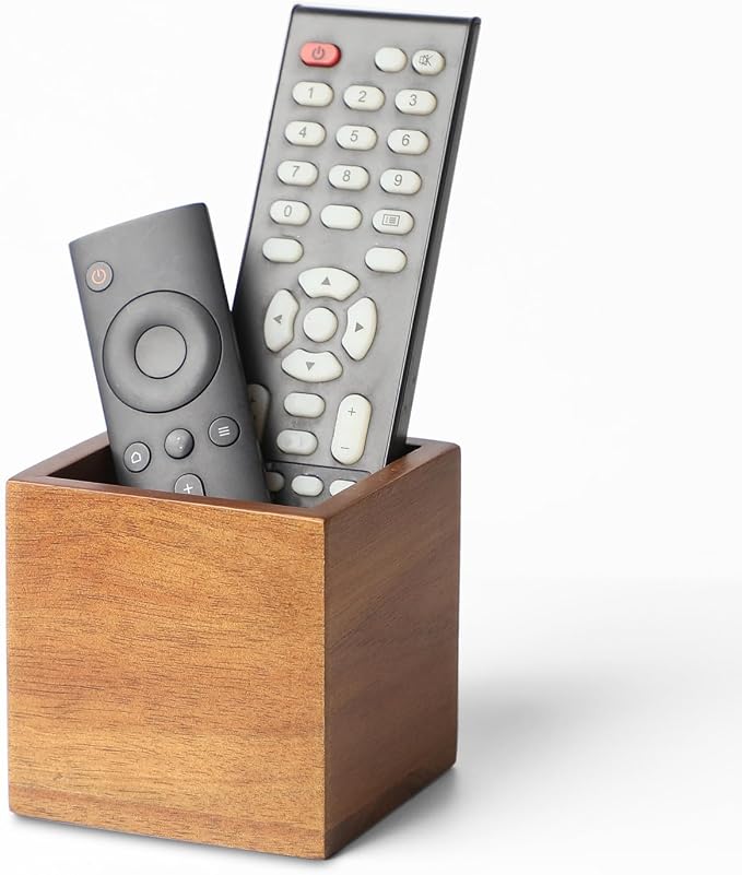 LBEMEY Remote Control Holder Caddy, Farmhouse Acacia Wood TV Remote Holder, Vintage Desk Caddy, Remote Organizer for Table (Brown - for 2 or 3 Remote Controls)