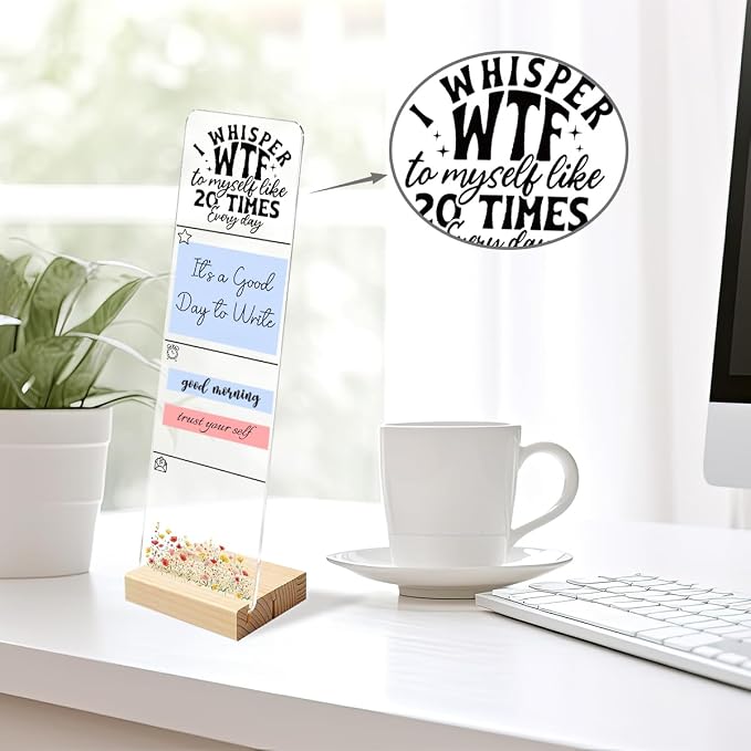 Sticky Note Holder, Monitor Memo Board, Acrylic Post It Note Holder with Wooden Base, Includes 200 Notes, Desk Organizer Humorous Swear Quote