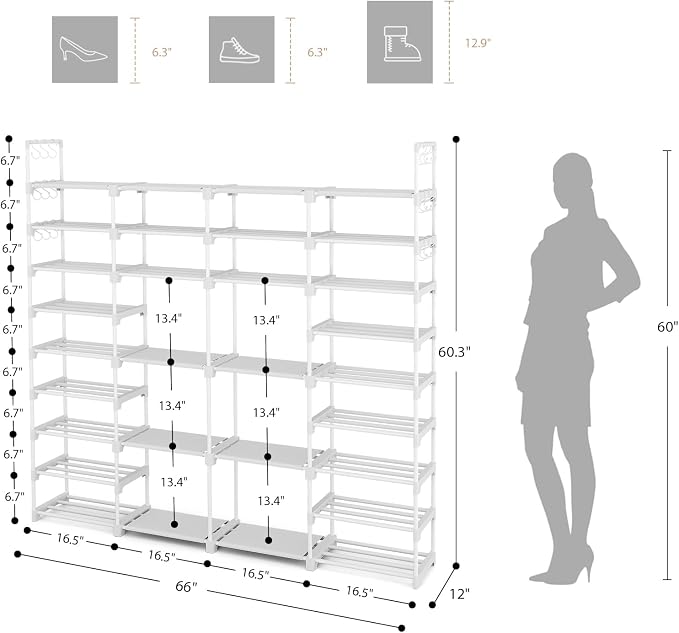 ROJASOP Large Shoe Rack Organizer for Entryway Closet 64-68 Pairs 9-Tier Heavy Duty Tall Garage Shoe Rack Shoe Shelf Shoes Storage with 18 Pcs Removable Side Hooks for Bedroom and Garage White