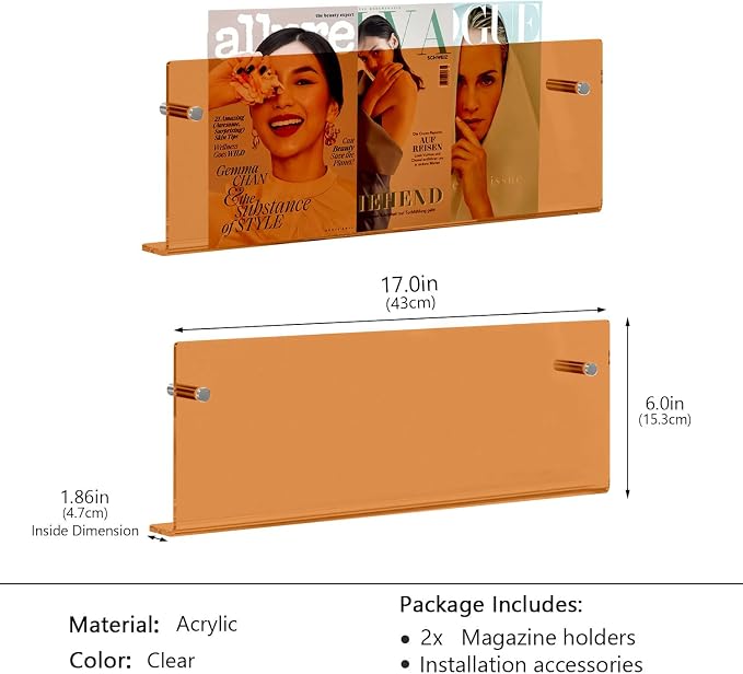 2-Pack Orange Acrylic Magazine Holder Brochure Holder, 24 Inch Hanging Magazine Rack with Hardware, Floating Bookshelf Brochure Display Organizer for Home, Office, Reception Area