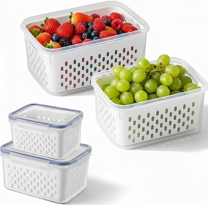 Fruit Storage Containers for Fridge 2 Pack, Fridge Organizers and Storage, Fruit and Vegetable Storage Produce Box with Drain Basket, Refrigerator Food Saver Set