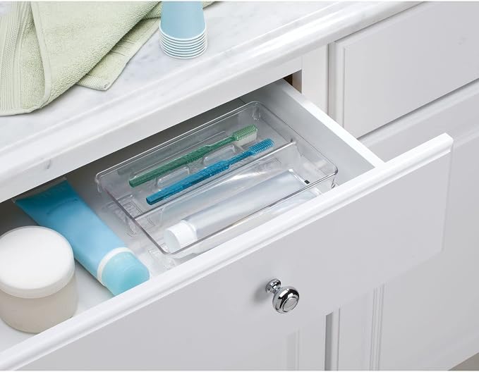 mDesign Plastic Toothbrush Holder, Storage Organizer Bin for Bathroom Vanity, Drawer, Cabinet, Closet - Holds Electric Spin Toothbrush, Toothpaste, Dental Floss Picks, Teeth Whitening Strips - Clear