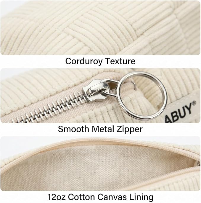 Soft Corduroy Pencil Case Pen Pouch Organizer, Small Stationery Bag | Cute white pencil pouch, smooth zipper, daily cosmetics holder, compact organizer for school teen girls, women