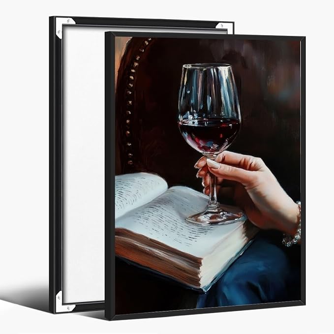 Wine and Book Girl Reading With Drink Art Aesthetic Poster Canvas Wall Art Decoration Living Room Home Decor Bedroom Decoration Poster black framed16x24inch
