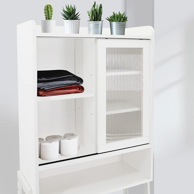 SUNTAGE Over Toilet Storage Cabinet Organizer for Bathroom, Over Toilet Shelf, Freestanding Space Saver with Adjustable Shelves, Acrylic Sliding Door, Wide Open Shelf, 2 Hooks, Classic White