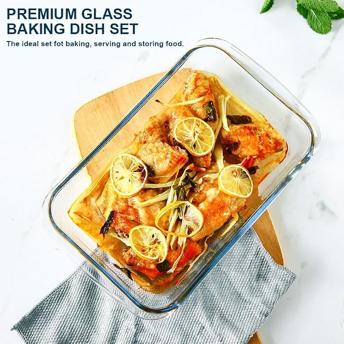 8-Piece Glass Baking Dish Set with Plastic lids,Rectangular Glass Bakeware Set with Lids, Baking Pans for Lasagna, Leftovers, Cooking, Kitchen, Freezer-to-Oven and Dishwasher, Navy Blue