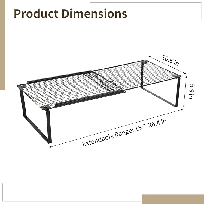 Expandable Kitchen Cabinet Organizer, Stackable Metal Storage Shelves, Adjustable Spice Rack, Shelf Riser, Ideal for Kitchen Cabinet, Pantry, Bathroom & Office Storage (Black)