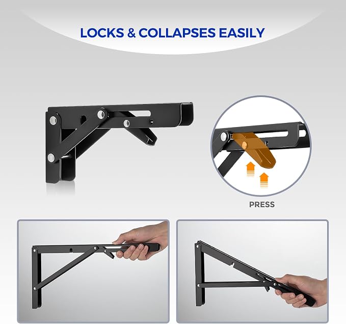 Ravinte Matte Black Folding Shelf Brackets, 6 Inch, 4 Pack | Collapsible Bracket Design, Table And Bench Support, Space-Saving Shelf Setup, For Worktops, Laundry Rooms, Garage Projects