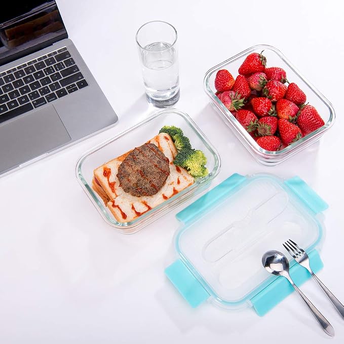 AILTEC Large Glass Food Storage With Locking Lids - Bento Box Lunch and Meal Prep Containers [3-Pack, 36 OZ]