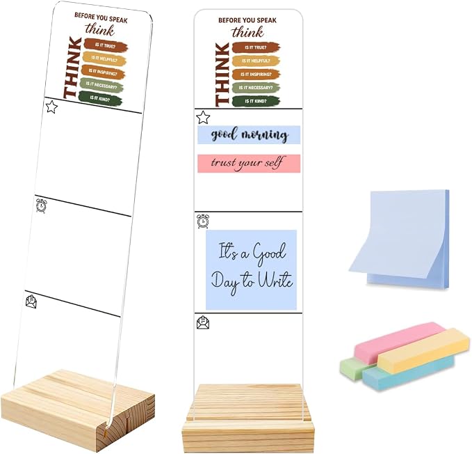 Monitor Memo Board, Sticky Note Holder, Sticky Note Board for Desk, Acrylic Desk Buddy with Wooden Base, Includes 200 Notes, Inspirational “True Helpful Inspiring Necessary Kind”