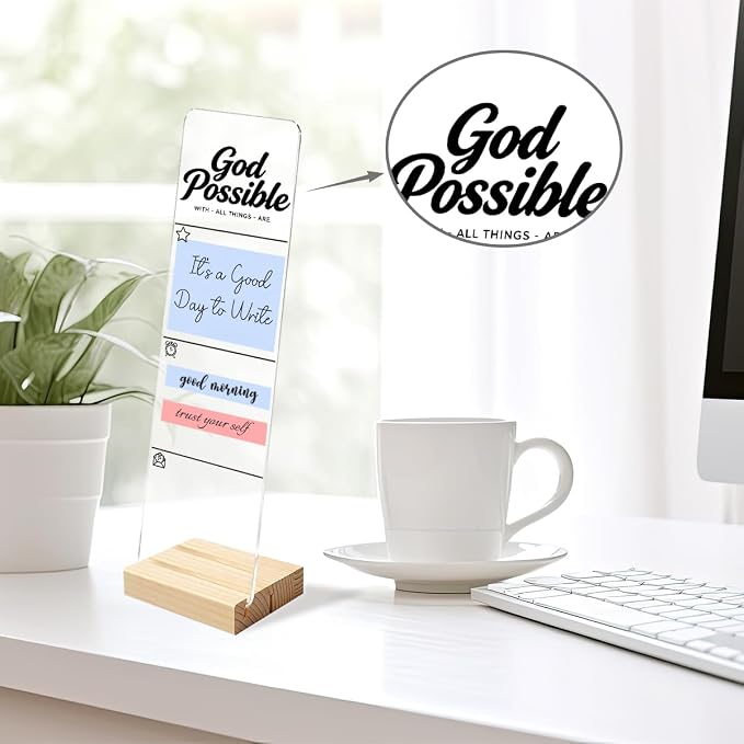 Sticky Note Holder, Monitor Memo Board, Sticky Note Board for Desk, Acrylic Desk Buddy with Wooden Base, Includes 200 Notes, Religious “with God All Things are Possible”