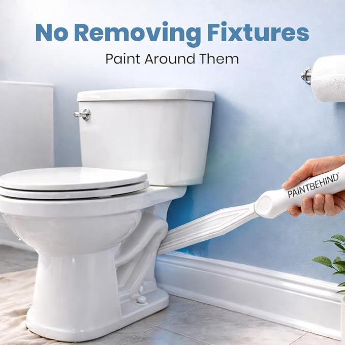 PAINT BEHIND Toilet Tool Nylon Brush, Flat Paint Brush for Behind Toilets, Walls, Radiators & Hard-to-Reach Tight Spaces, 12-Inch Reach Painting Tool with Tray & Pad