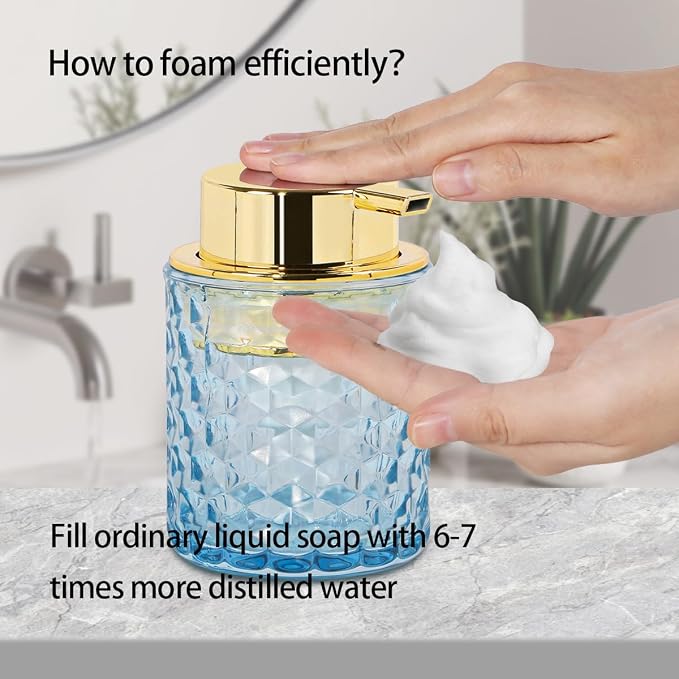10 Oz Glass Hand Soap Dispenser with Pump, Refillable Bathroom Gold Foaming Soap Dispenser, Vintage Glass Diamond Lotion Container Bottle for Bathroom and Kitchen (2, Blue and Gold)
