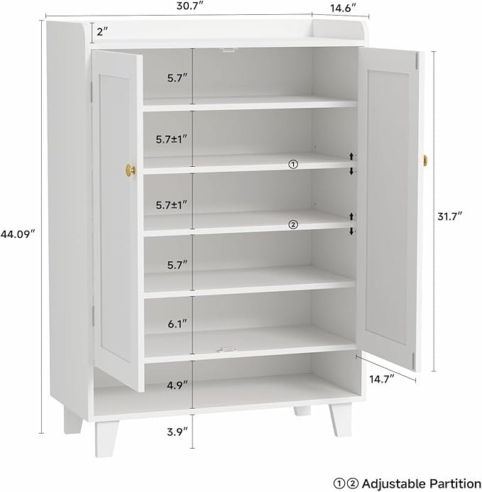 Flat-Shelf Shoe Cabinet with Doors，6-Tier Shoes Storage Cabinet with Adjustable Shelves，Wooden Shoe Rack Shoes Storage Organizer Cabinets for Entryway, Hallway, Living Room