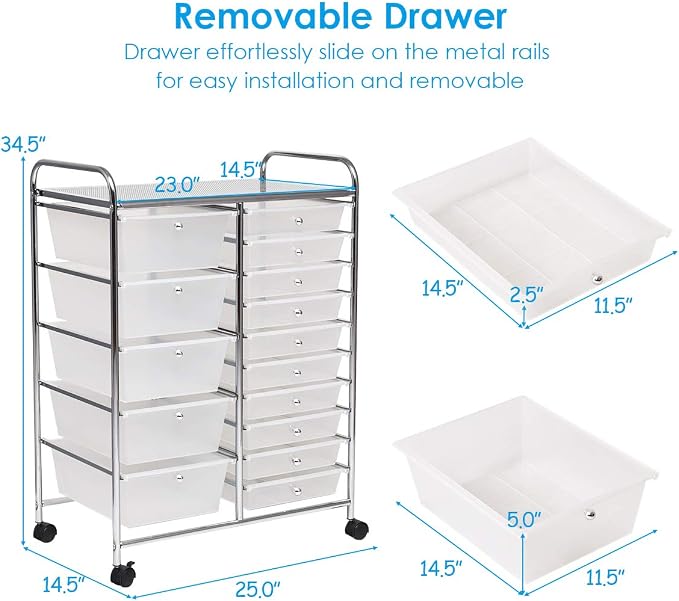 Giantex 15 Drawer Rolling Storage Cart Tools Scrapbook Paper Office School Organizer, Clear