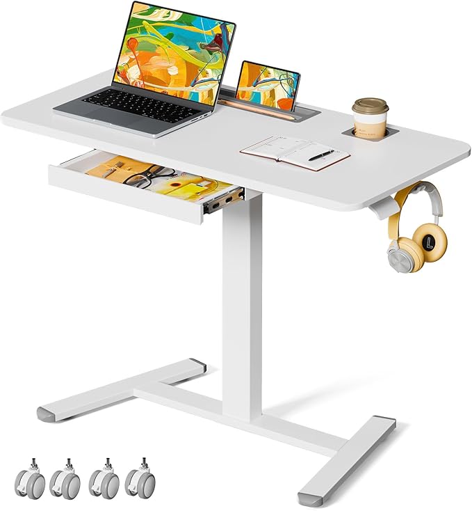40"×20" Mobile Desk with Drawer, Rolling Desk with Storage | Height Adjustable Portable Laptop Desk on Wheels, Small Computer Desk with Cup Holder and Hooks for Study & Work, White