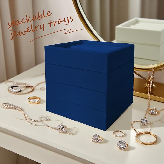 SCIKHETF Velvet Ring Earrings Studs organizer Tray Small Ring Insert Display Tray 5 Slots Stackable (Dark Blue)