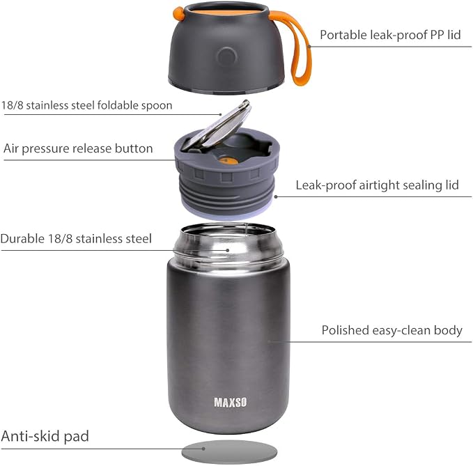 MAXSO 2 Pack Soup Thermo for Hot & Cold Food for Kids Adults, Vacuum Insulated Food Jar Thermal Lunch Containers, Travel Food Flask with Spoon (24 oz,17 oz) (Grey)