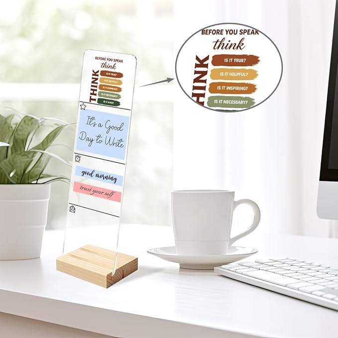Monitor Memo Board, Sticky Note Holder, Sticky Note Board for Desk, Acrylic Desk Buddy with Wooden Base, Includes 200 Notes, Inspirational “True Helpful Inspiring Necessary Kind”