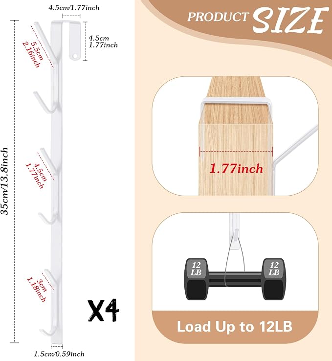 Tandefio 4 Pack 13.8" Over The Door Hook Hanger Comes with 6 Hooks from Large to Small Metal Extra Long Over The Door Hooks Hanger for Hats Rack Coat Scarf Purse Bags Scarf Keys and More (White)