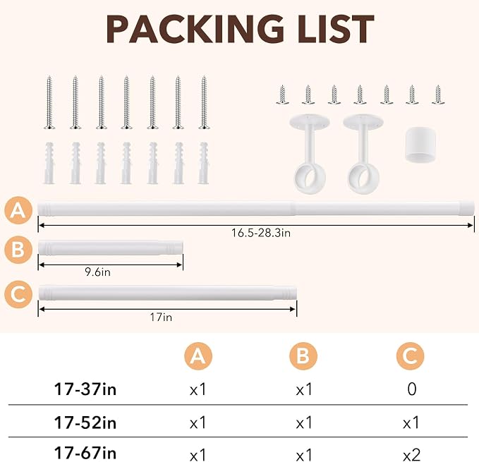 SUTINE Closet Rod, Closet Rods for Hanging Clothes, 17 to 67 inch Adjustable Ceiling/Wall mounted Closet Hanging Rod, Heavy Duty Clothes Rod Clothing Bar, Closet Poles for Hanging Clothes for Wardrobe