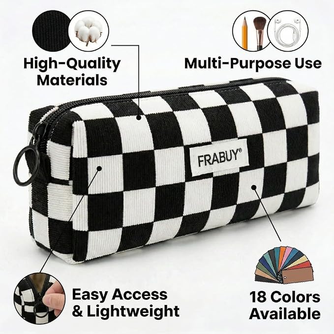 Soft Corduroy Pencil Case Pen Pouch Organizer, Small Stationery Bag | Cute black checkerboard pencil pouch, smooth zipper, daily cosmetics holder, compact organizer for school teen girls, women