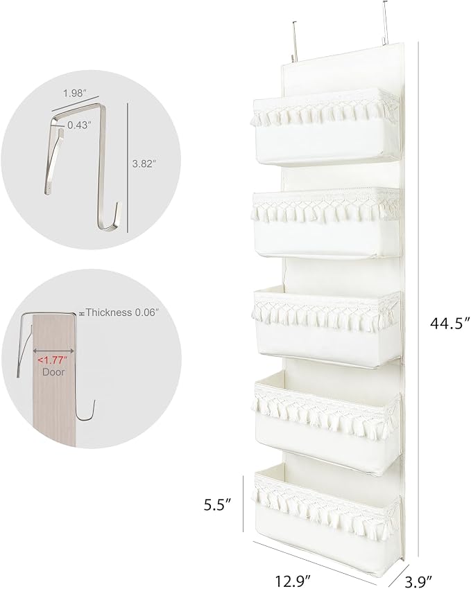 Dahey Over The Door Organizer Boho Nursery Storage Decor Closet Hanging Organizer with Tassels Decoration for Bedroom Nursery Bathroom Apartments Dorm Pantry, 5 Pockets, White