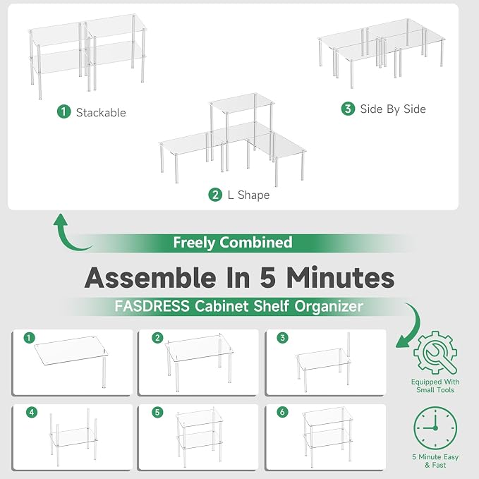 Acrylic Cabinet Organizer, Clear Cabinet Organizer Shelf, Stackable, Expandable, Spice Rack, Adjustable Counter Shelf for Makeup, Bathroom, Cupboard, Desk, Kitchen Pantry Organization (Clear-4PACK)