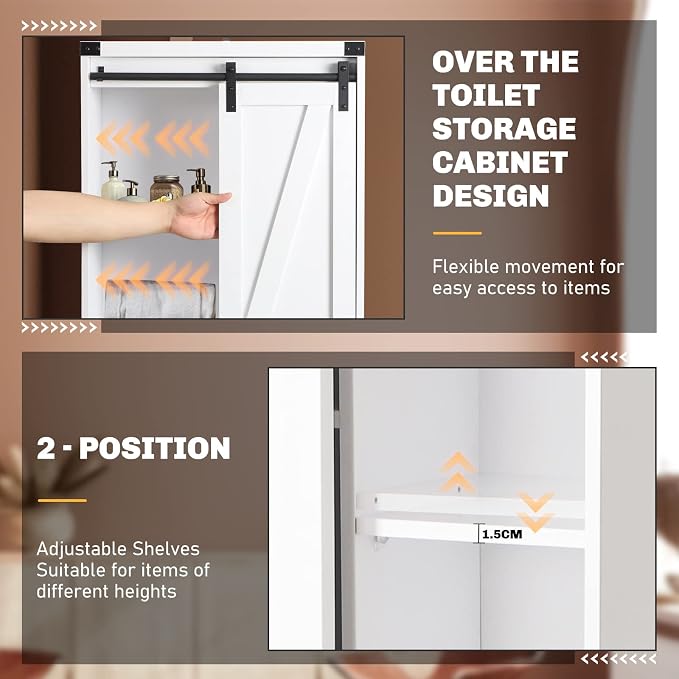 Over Toilet Storage Cabinet with Barn Door & Adjustable Shelves | 24 Inch Wide Bathroom Organizer, Space-Saving, Sturdy Wood, Anti-Tipping, Easy Assembly, for Restroom, Laundry, Small Spaces