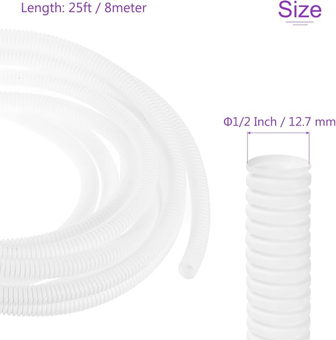 DMiotech 25ft Wire Loom Split Tubing 1/2 Inch(12.7 Mm) ID, Cord Protectors from Pet Flexible Conduit Cable Management for Office, Home, Garden, White