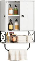 MAHANCRIS Bathroom Wall Cabinet with 2 Door and Adjustable Shelf, Farmhouse Medicine Cabinet with Towel Rack, 3-Tier Wall Mounted Storage Cabinet Over The Toilet for Bathroom Laundry Room, White