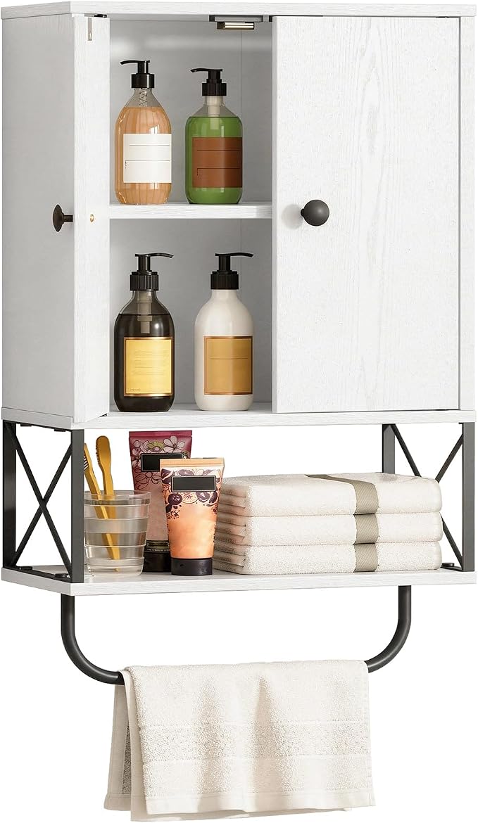 MAHANCRIS Bathroom Wall Cabinet with 2 Door and Adjustable Shelf, Farmhouse Medicine Cabinet with Towel Rack, 3-Tier Wall Mounted Storage Cabinet Over The Toilet for Bathroom Laundry Room, White