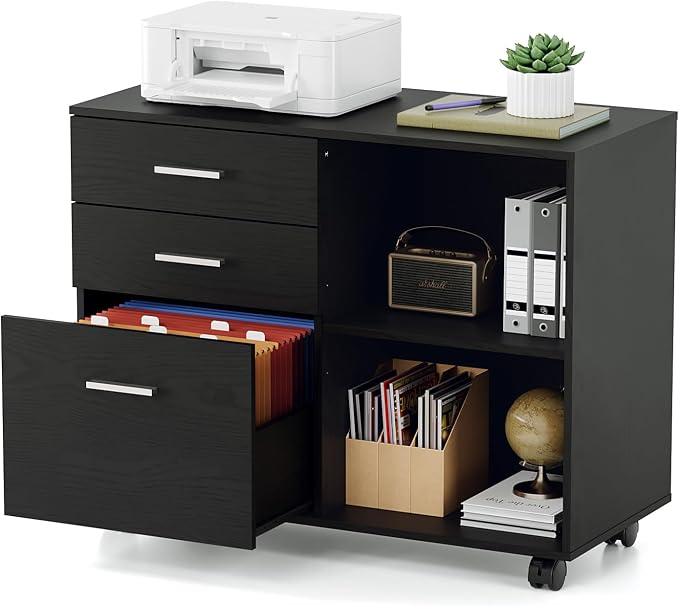 VINGLI 3 Drawer Wood Lateral File Cabinet with Adjustable Shelves & Locking Wheels, Printer Stand with Drawers for Letter Size Files, Sturdy Black File Cabinets for Home Office, Study & Business