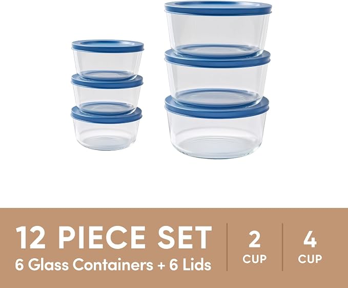 12-Piece Glass Food Storage Containers Set (6 Containers + 6 BPA-Free Lids) | 2-Cup & 4-Cup, Leakproof | Microwave, Freezer, Oven & Dishwasher Safe | Ideal for Meal Prep & Pantry Organization, navy