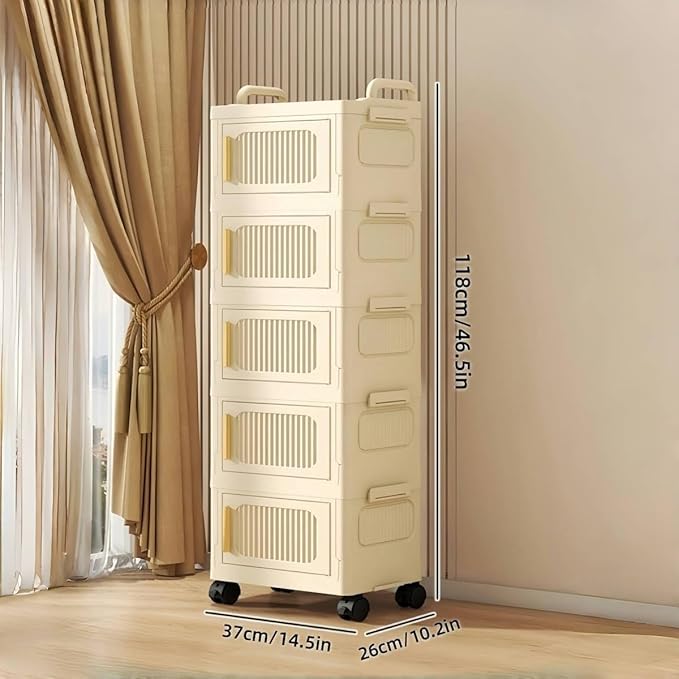 5-Tier Foldable Storage Cabinet with Wheels & Magnetic Doors, Heavy-Duty 23 QT Stackable Storage Bin Organizer, Rolling Cart for Kitchen, Pantry, Dorm