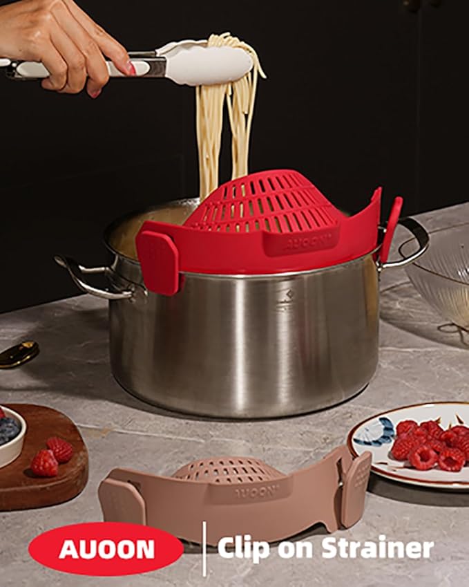 AUOON Oversized Pot Strainer Clip on Silicone - Family-Style Design Pasta Strainer Heat Resistant Kitchen Colander for Spaghetti and Noodles | Dishwasher Safe